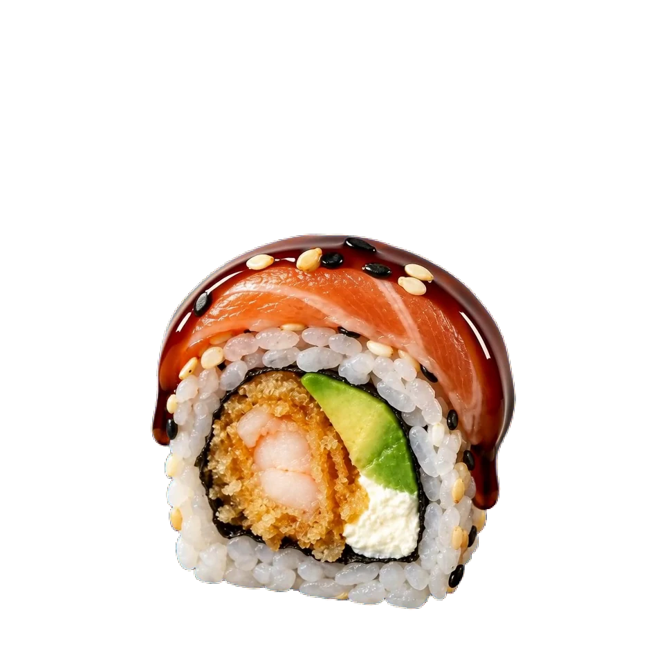 Stilisierte Tempura-Uramaki mit Lachsauflage