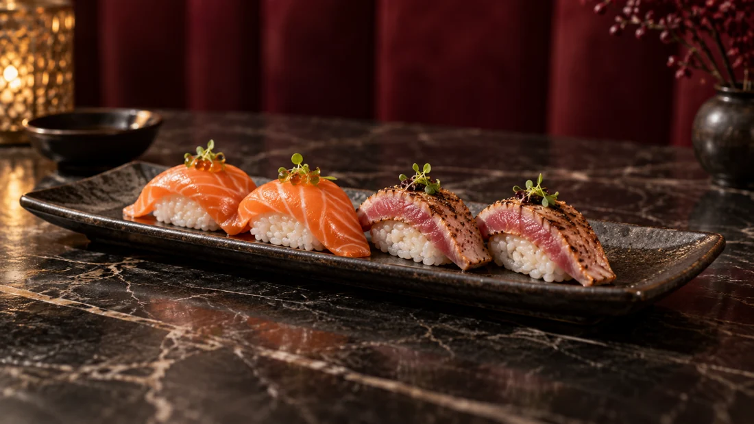 Nigiri auf einer dunklen Keramikplatte