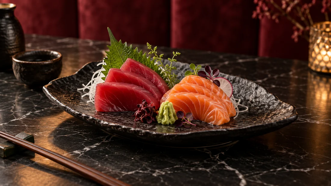 Lachs und Thunfisch als Sashimi auf einem Teller