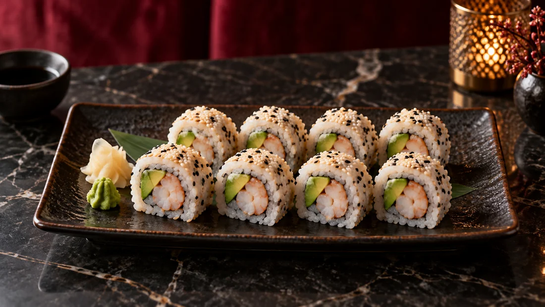 Uramaki mit Garnelen und Avocado auf einer Platte